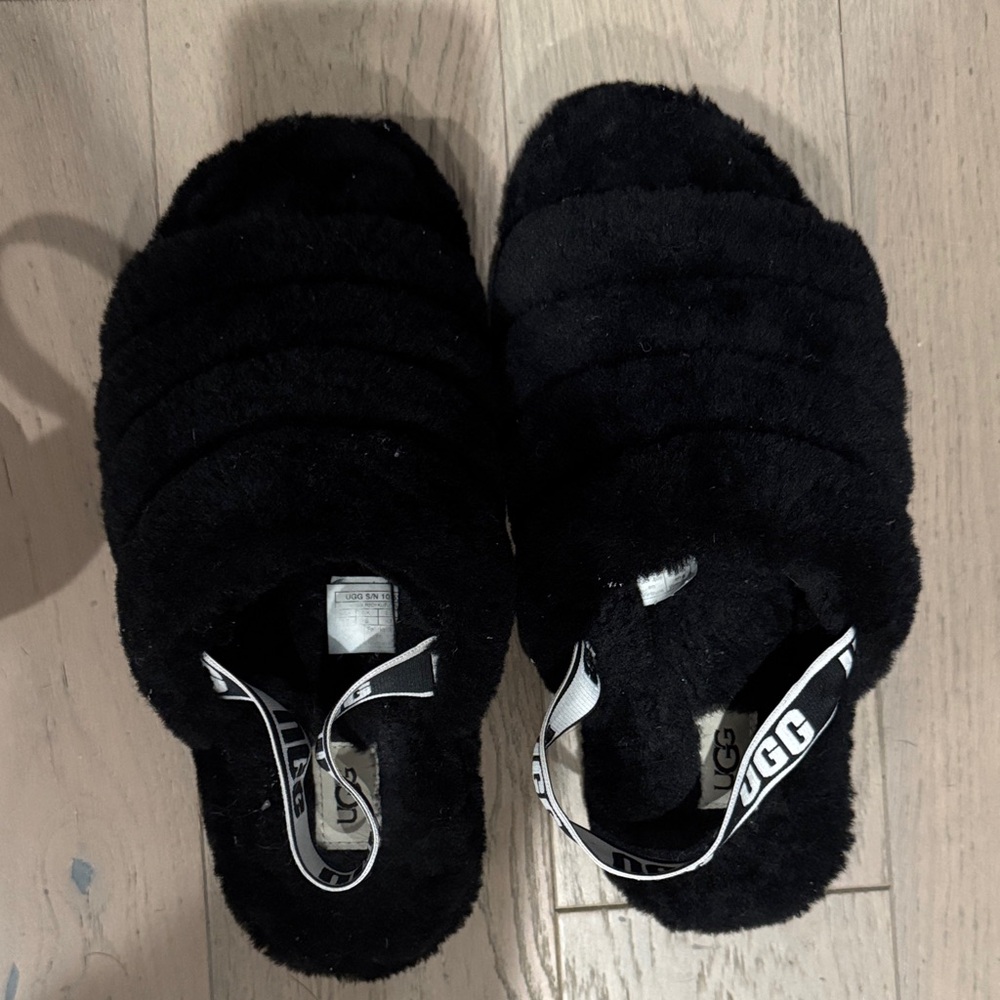 UGG Black Fluffy Slide Sandals with Branded Heel Strap